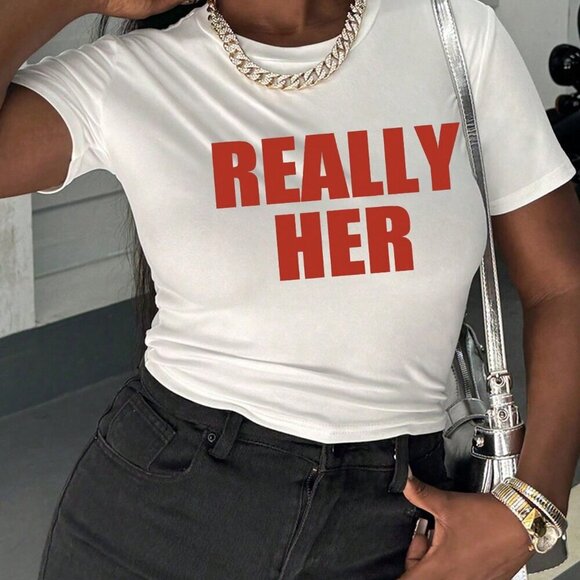 White Casual Women's Letter Graphic Crop Tee - Picture 2 of 5